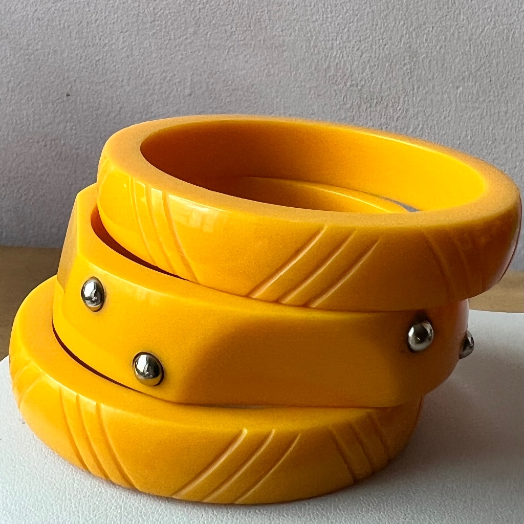 Vintage Set Of 3 Yellow Plastic Resin Bangle Bracelets Beaded Fun Geometric Form
